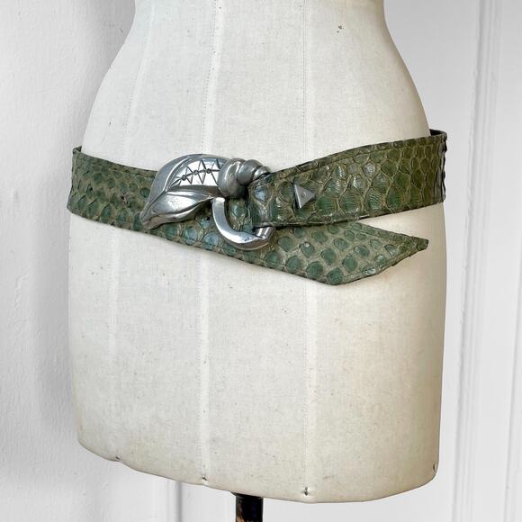 80s Snake Head Buckle Snakeskin Belt  Leather Vintage Giant Buckle Exotic Lthr - Picture 4 of 9